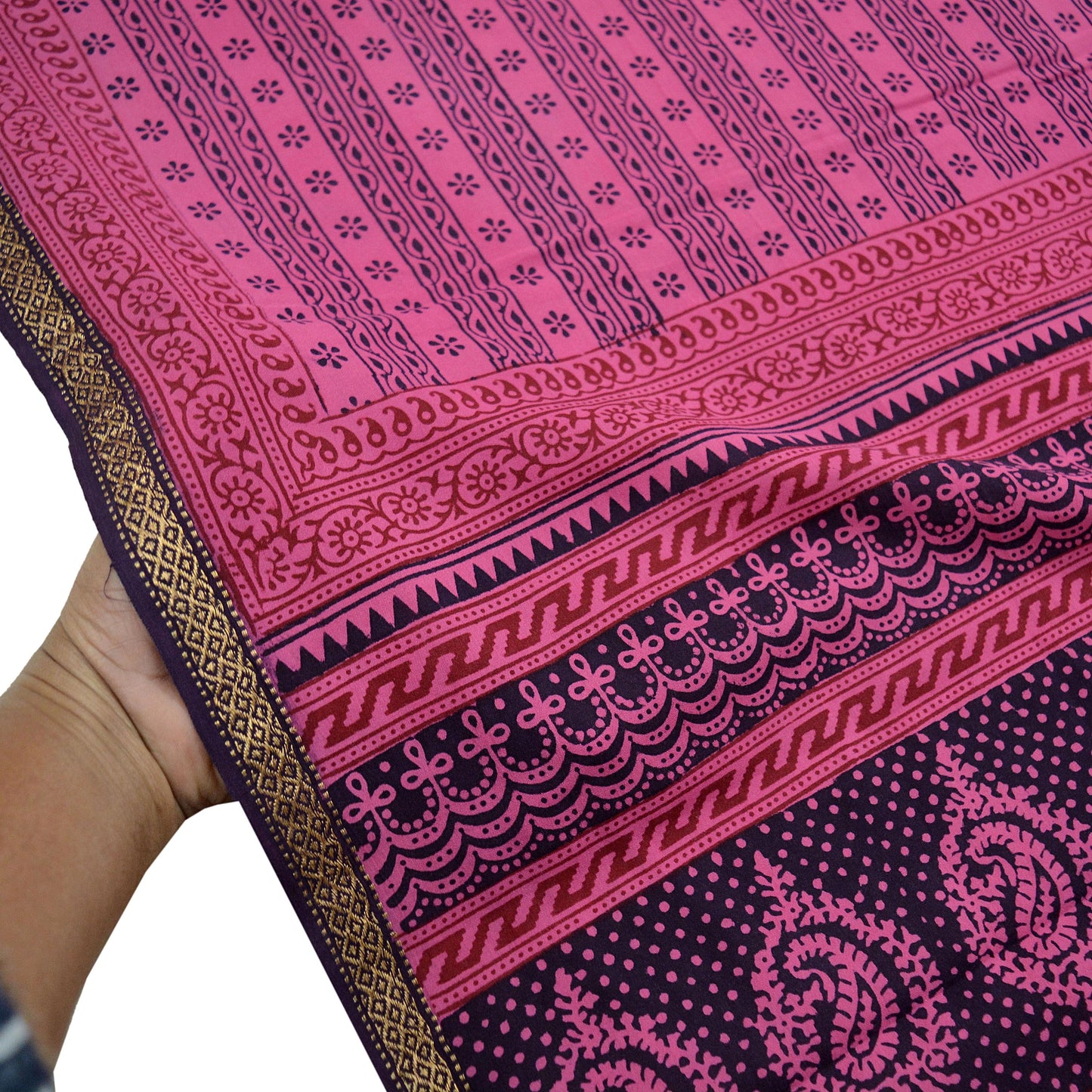 Indian Pink Vintage Dupatta Long Stole Block Print 100% Pure Cotton Scarf Veil Soft Paisley Floral Zari