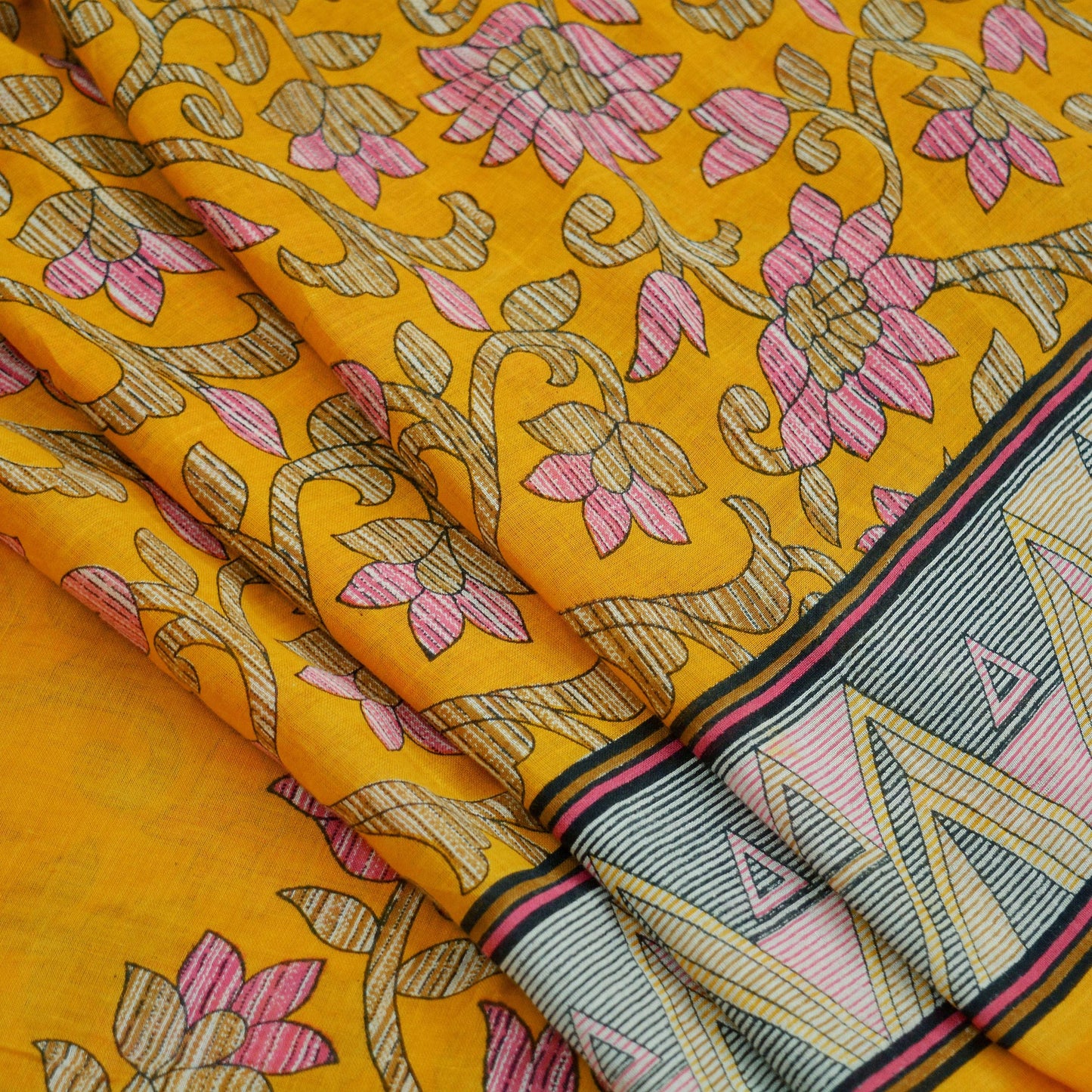 Indian Vintage Sari Yellow Printed 100% Pure Cotton Saree Craft Fabric 5Yd Soft Sewing Sarong Wrap Boho Dress Making Crafting Quilting