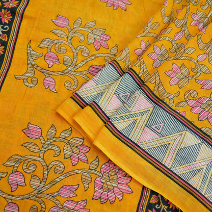 Indian Vintage Sari Yellow Printed 100% Pure Cotton Saree Craft Fabric 5Yd Soft Sewing Sarong Wrap Boho Dress Making Crafting Quilting