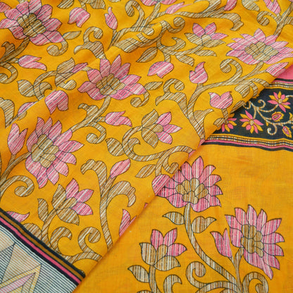 Indian Vintage Sari Yellow Printed 100% Pure Cotton Saree Craft Fabric 5Yd Soft Sewing Sarong Wrap Boho Dress Making Crafting Quilting