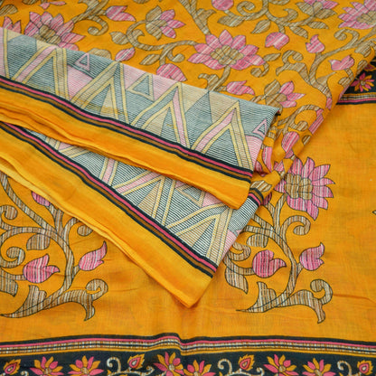 Indian Vintage Sari Yellow Printed 100% Pure Cotton Saree Craft Fabric 5Yd Soft Sewing Sarong Wrap Boho Dress Making Crafting Quilting