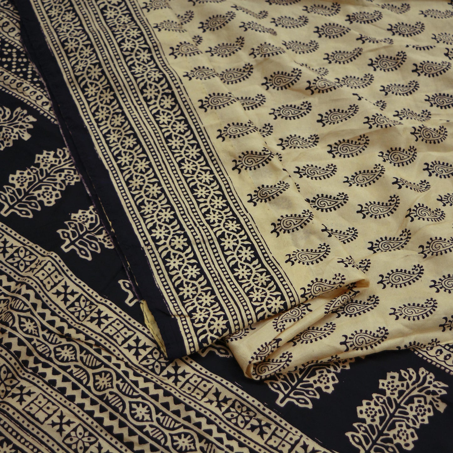 Indian Vintage Sari Black & Beige Pure Silk Printed Sarees Craft Fabric 6yd Sewing Dress Making Soft Paisley Quilting Upcycle Crafting