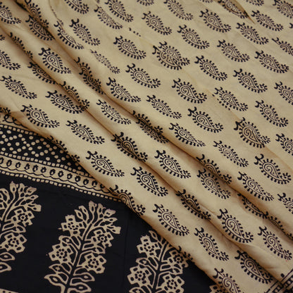 Indian Vintage Sari Black & Beige Pure Silk Printed Sarees Craft Fabric 6yd Sewing Dress Making Soft Paisley Quilting Upcycle Crafting