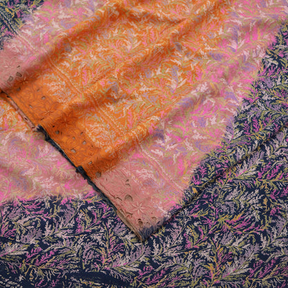 Indian Vintage Sari Orange & Blue 100% Pure Silk Printed Sarees 5yd Sewing Floral Soft Craft Fabric Dress Making Crafting Quilting Upcycle