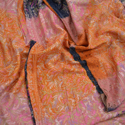 Indian Vintage Sari Orange & Blue 100% Pure Silk Printed Sarees 5yd Sewing Floral Soft Craft Fabric Dress Making Crafting Quilting Upcycle