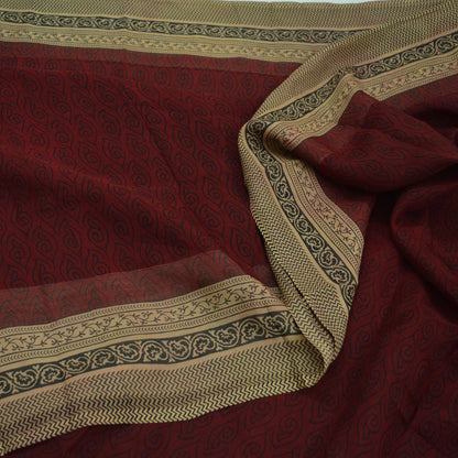 Women Vintage Sari Beige & Maroon Pure Chiffon Silk Printed Sarees Craft Fabric Sewing 6Yd Soft Light Sari Dress Making