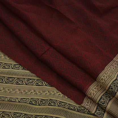 Women Vintage Sari Beige & Maroon Pure Chiffon Silk Printed Sarees Craft Fabric Sewing 6Yd Soft Light Sari Dress Making