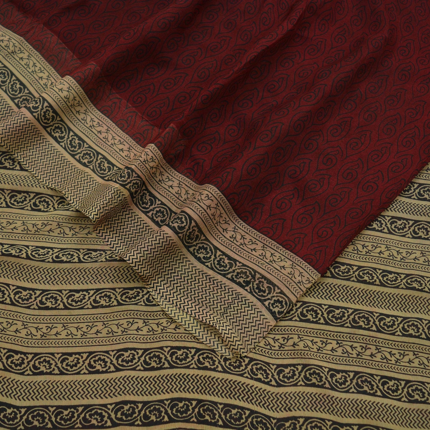 Women Vintage Sari Beige & Maroon Pure Chiffon Silk Printed Sarees Craft Fabric Sewing 6Yd Soft Light Sari Dress Making