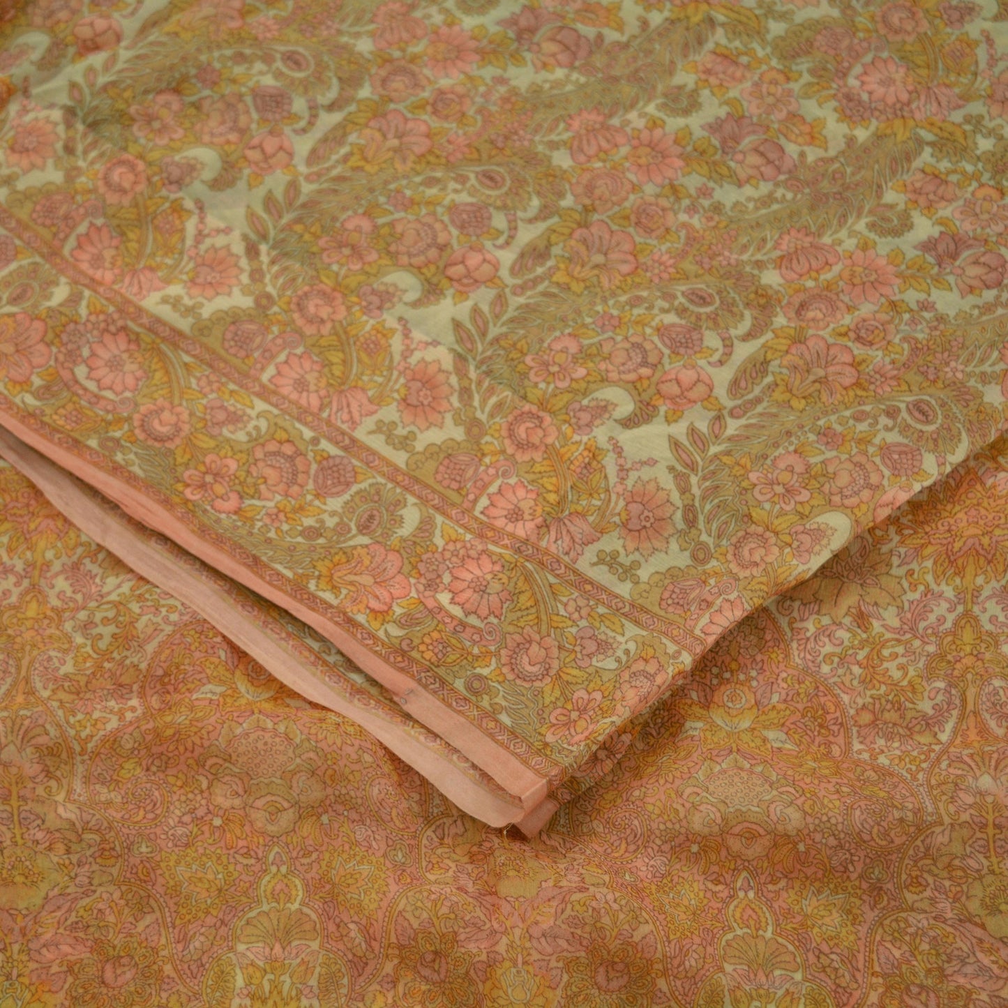 Women Vintage Sari Beige Pure Chiffon Silk Printed Sarees Craft Fabric Sewing 5Yd Soft Dress Making Floral Crafting Quilting Upcycle Used