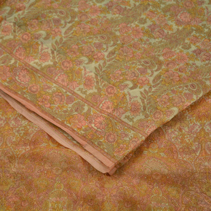 Women Vintage Sari Beige Pure Chiffon Silk Printed Sarees Craft Fabric Sewing 5Yd Soft Dress Making Floral Crafting Quilting Upcycle Used