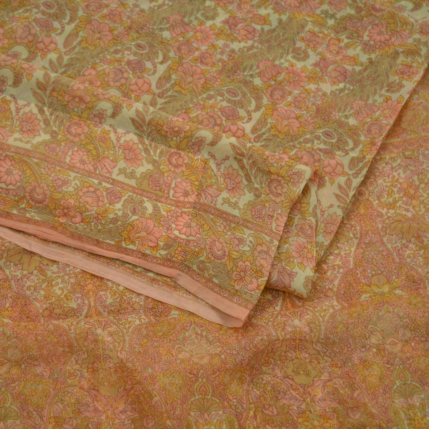 Women Vintage Sari Beige Pure Chiffon Silk Printed Sarees Craft Fabric Sewing 5Yd Soft Dress Making Floral Crafting Quilting Upcycle Used