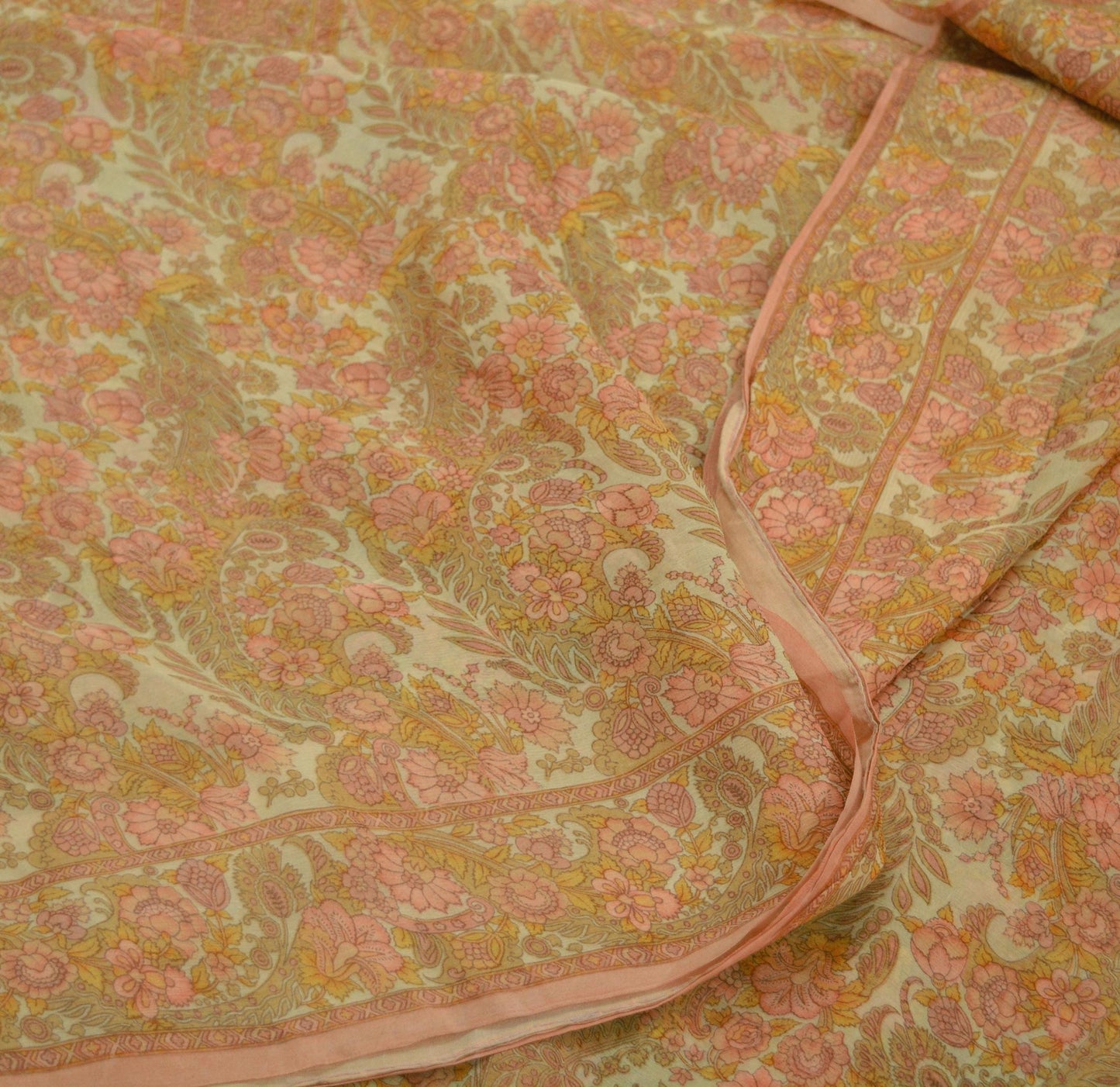 Women Vintage Sari Beige Pure Chiffon Silk Printed Sarees Craft Fabric Sewing 5Yd Soft Dress Making Floral Crafting Quilting Upcycle Used