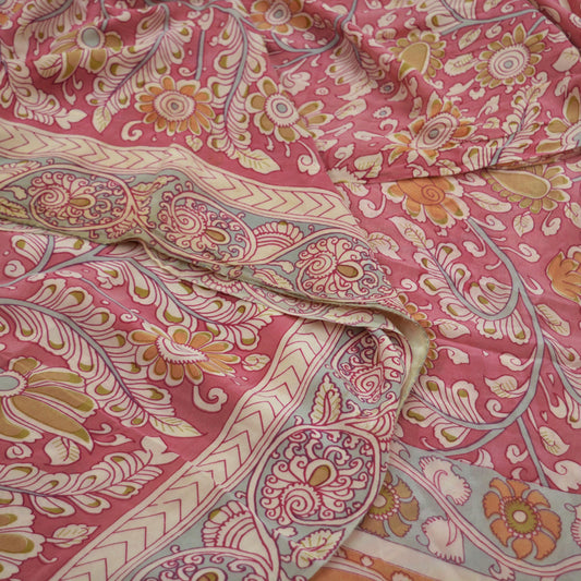 Indian Vintage Sari Pink Pure Crepe Silk Kalamkari Printed Sarees Craft Fabric 5yd Sewing Soft Ethnic Wrap Dress Making Crafting Quilting