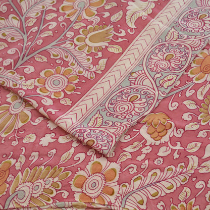 Indian Vintage Sari Pink Pure Crepe Silk Kalamkari Printed Sarees Craft Fabric 5yd Sewing Soft Ethnic Wrap Dress Making Crafting Quilting