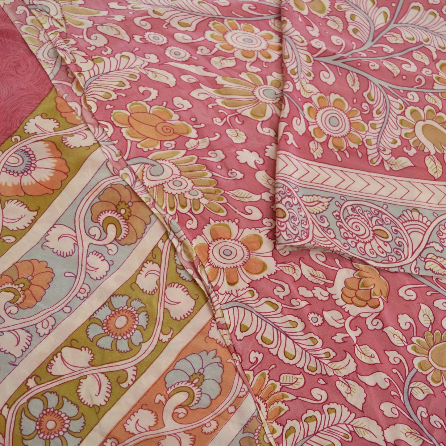 Indian Vintage Sari Pink Pure Crepe Silk Kalamkari Printed Sarees Craft Fabric 5yd Sewing Soft Ethnic Wrap Dress Making Crafting Quilting