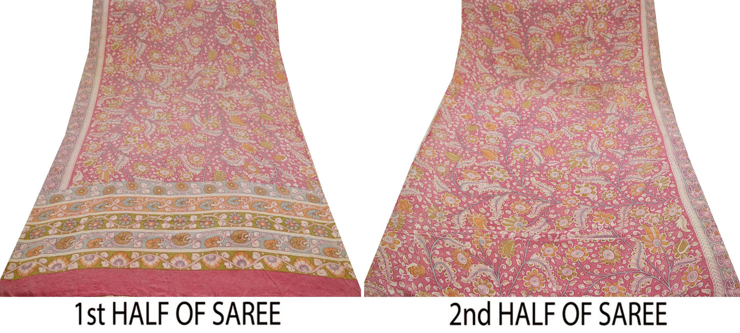 Indian Vintage Sari Pink Pure Crepe Silk Kalamkari Printed Sarees Craft Fabric 5yd Sewing Soft Ethnic Wrap Dress Making Crafting Quilting