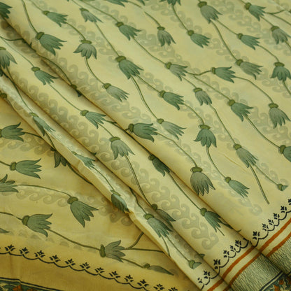 Indian Vintage Sari Ivory & Green Pure Crepe Silk Printed Saree 5yd Sewing Floral Soft Craft Fabric Wrap Dress Making Crafting Quilting