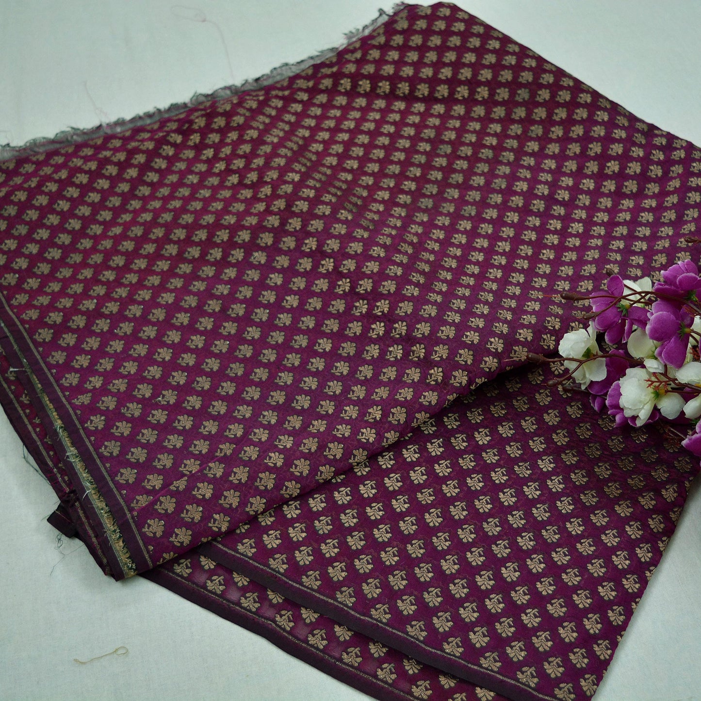 Indian Purple Color Artificial Silk Woven Brocade Banarasi Zari Work Design Fabric Used in Different Designing in Multi Apparels.