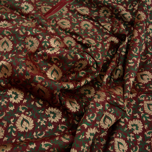 Indian Maroon Color Artificial Silk Hand Woven Brocade Banarasi Zari Work Design Fabric Used in Different Designing in Multi Apparels.