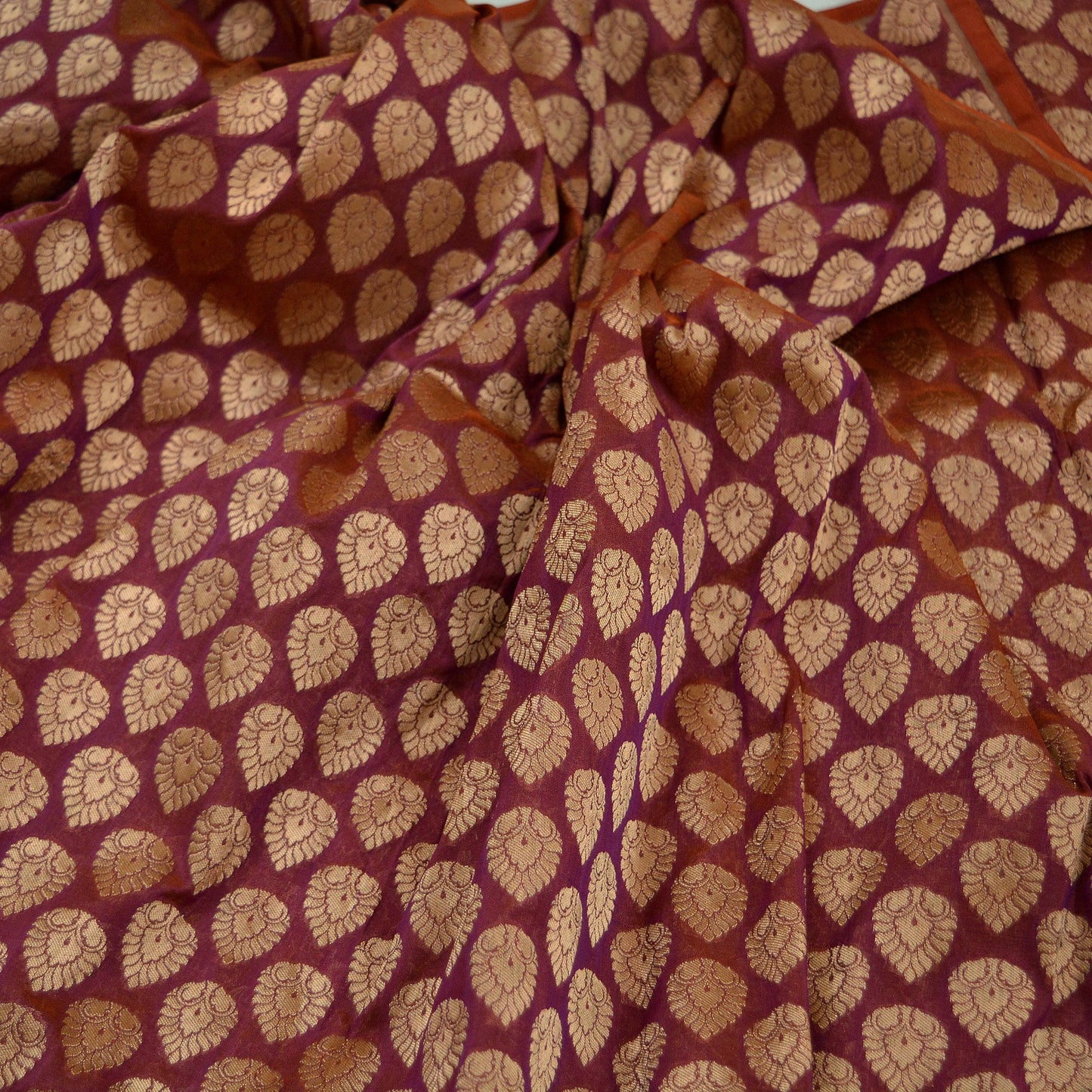 Indian Purple & Saffron Artificial Silk Hand Woven Brocade Banarasi Zari Work Design Fabric Used in Different Designing in Multi Apparels.