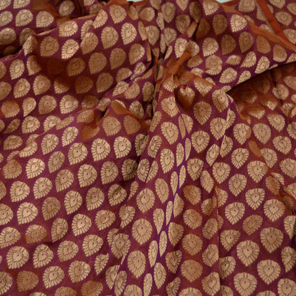 Indian Purple & Saffron Artificial Silk Hand Woven Brocade Banarasi Zari Work Design Fabric Used in Different Designing in Multi Apparels.
