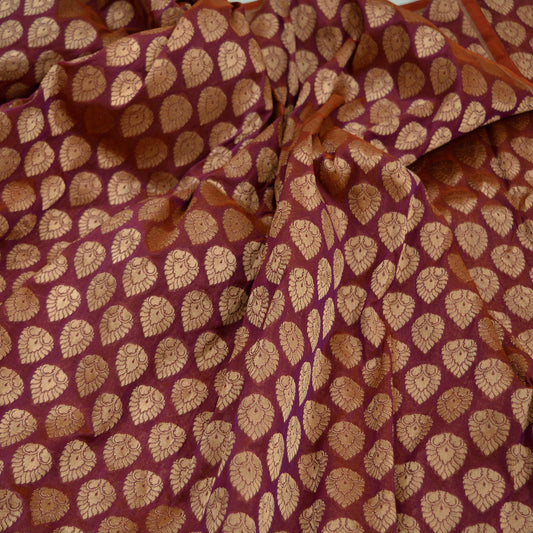 Indian Purple & Saffron Artificial Silk Hand Woven Brocade Banarasi Zari Work Design Fabric Used in Different Designing in Multi Apparels.