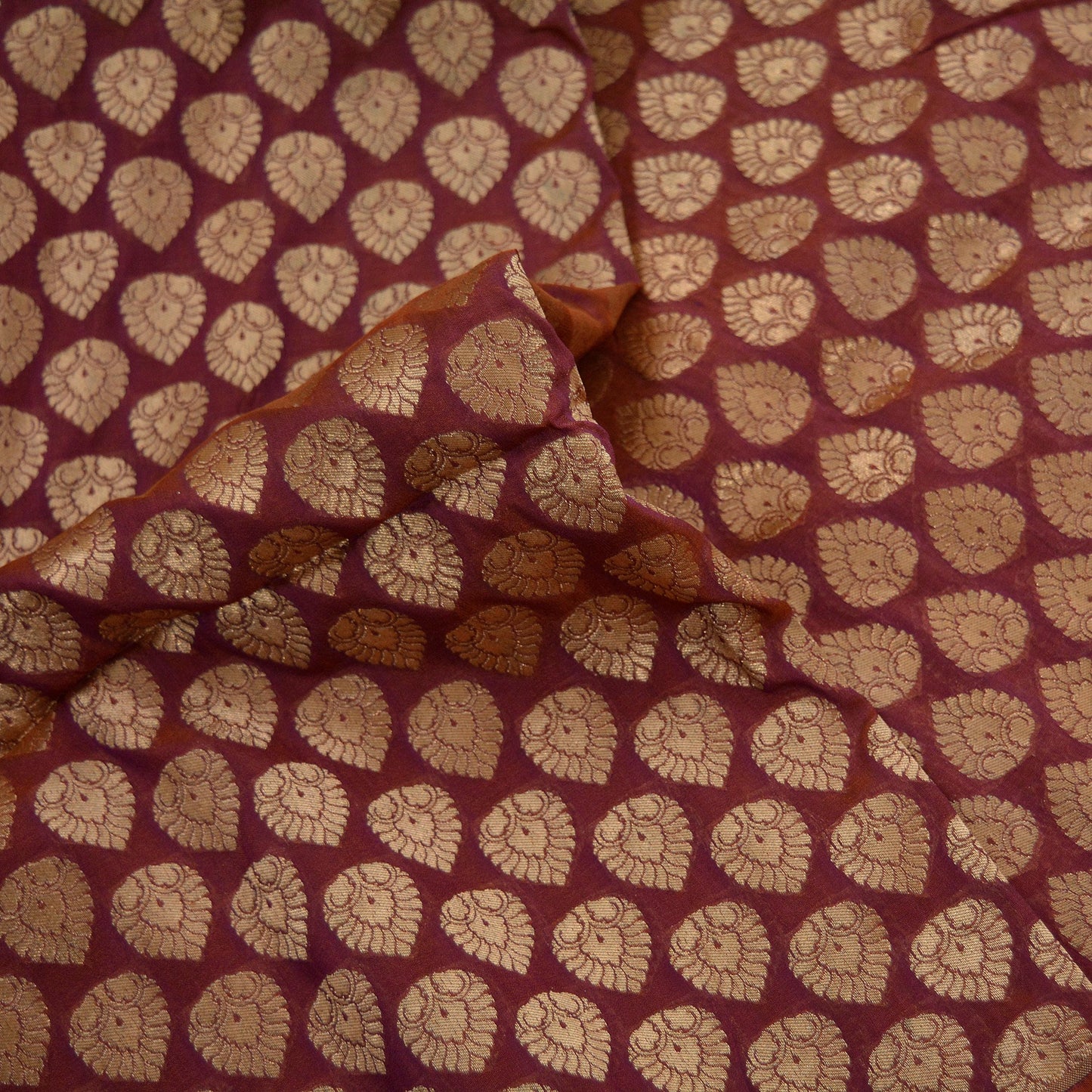 Indian Purple & Saffron Artificial Silk Hand Woven Brocade Banarasi Zari Work Design Fabric Used in Different Designing in Multi Apparels.