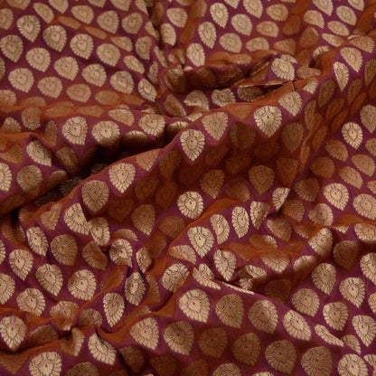 Indian Purple & Saffron Artificial Silk Hand Woven Brocade Banarasi Zari Work Design Fabric Used in Different Designing in Multi Apparels.