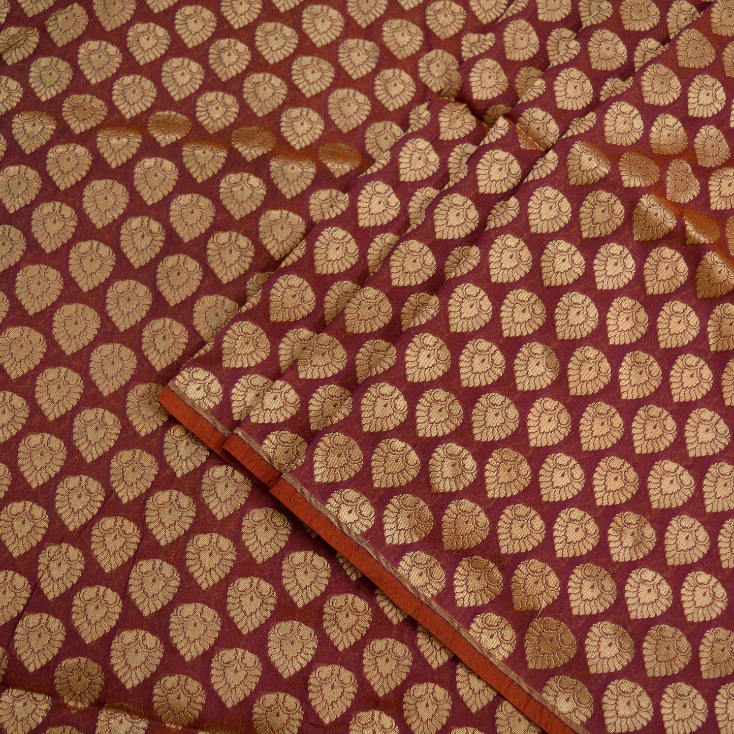 Indian Purple & Saffron Artificial Silk Hand Woven Brocade Banarasi Zari Work Design Fabric Used in Different Designing in Multi Apparels.