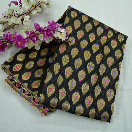 Indian Black Color Artificial Silk Woven Brocade Banarasi Zari Work Design Fabric Used in Different Designing in Multi Apparels 2yard