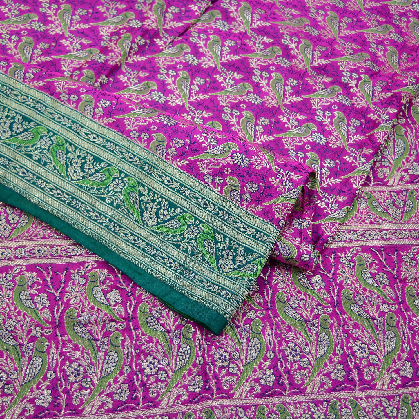 Antique Indian Vintage Rani Pink & Green Heavy Wedding Saree Pure Satin Silk Hand Woven Banarasi Brocade Sari Fabric Metallic Zari 5Yd