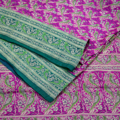 Antique Indian Vintage Rani Pink & Green Heavy Wedding Saree Pure Satin Silk Hand Woven Banarasi Brocade Sari Fabric Metallic Zari 5Yd