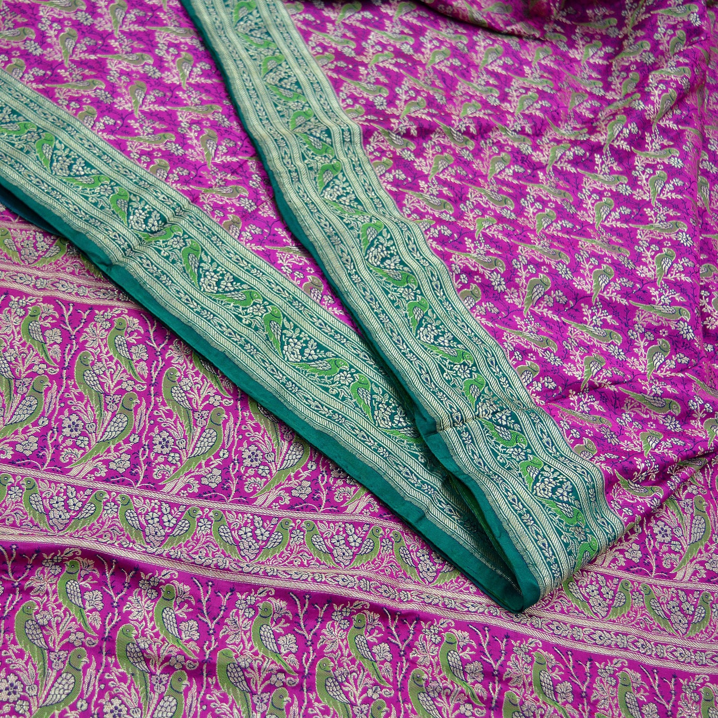 Antique Indian Vintage Rani Pink & Green Heavy Wedding Saree Pure Satin Silk Hand Woven Banarasi Brocade Sari Fabric Metallic Zari 5Yd