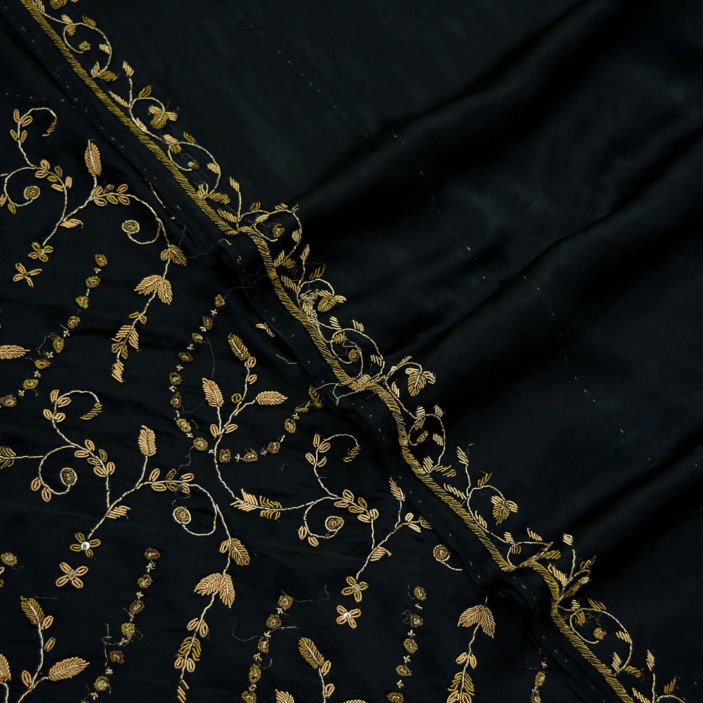 Indian Vintage Heavy Black Sarees 100% Pure Satin Silk Hand Embroidered Sari Craft Fabric 6Yd Sewing Soft Zardozi/Dabka