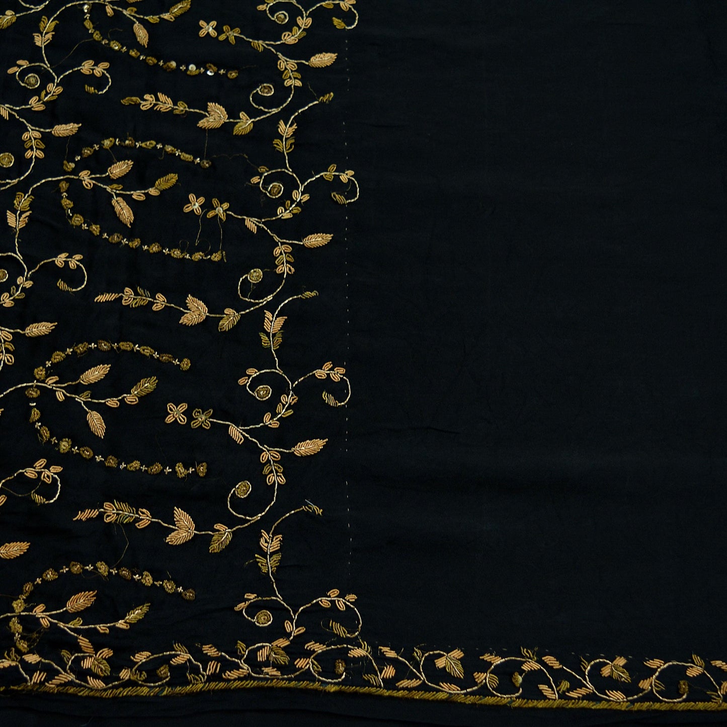 Indian Vintage Heavy Black Sarees 100% Pure Satin Silk Hand Embroidered Sari Craft Fabric 6Yd Sewing Soft Zardozi/Dabka