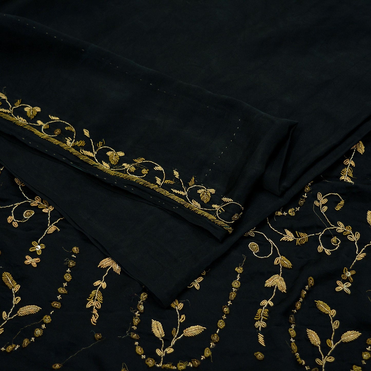 Indian Vintage Heavy Black Sarees 100% Pure Satin Silk Hand Embroidered Sari Craft Fabric 6Yd Sewing Soft Zardozi/Dabka