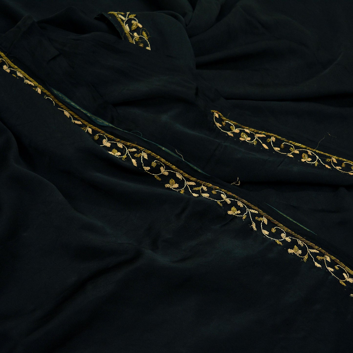 Indian Vintage Heavy Black Sarees 100% Pure Satin Silk Hand Embroidered Sari Craft Fabric 6Yd Sewing Soft Zardozi/Dabka