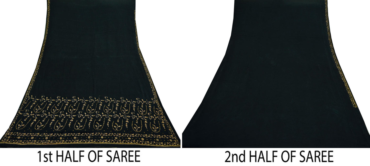 Indian Vintage Heavy Black Sarees 100% Pure Satin Silk Hand Embroidered Sari Craft Fabric 6Yd Sewing Soft Zardozi/Dabka