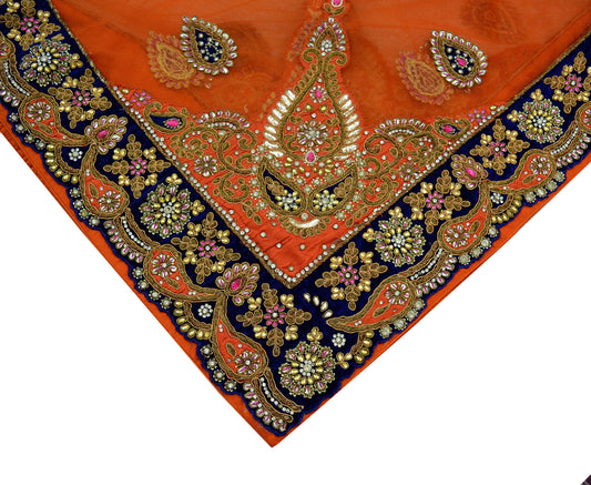 Indian Vintage Heavy Orange Dupatta Net Mesh Long Stole Hand Embroidered Scarves Zardozi/ Dabka Zari Bridal/ Wedding Veil