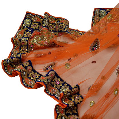 Indian Vintage Heavy Orange Dupatta Net Mesh Long Stole Hand Embroidered Scarves Zardozi/ Dabka Zari Bridal/ Wedding Veil