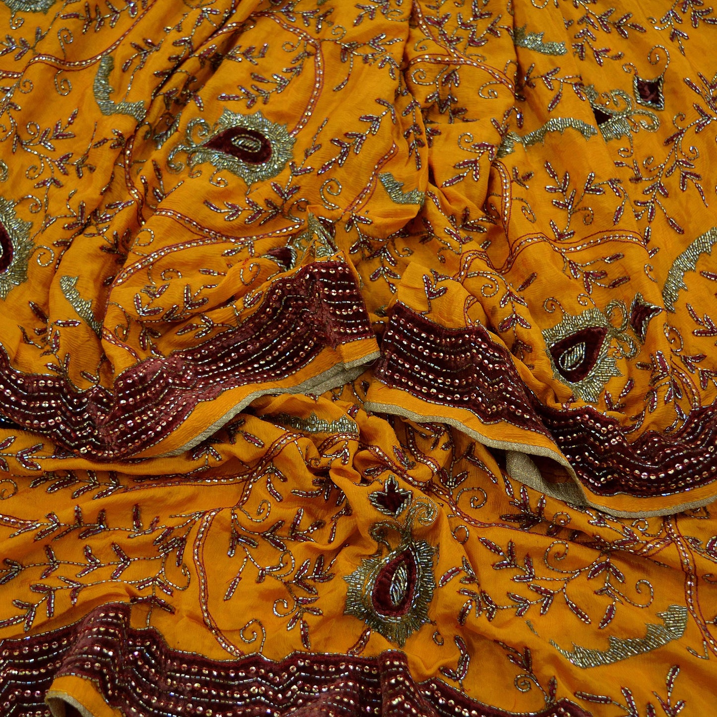 Indian Vintage Heavy Saffron Dupatta Pure silk Long Stole Hand Embroidered Hijab Scarves Veil Wrap Glass Beaded Velvet Patch