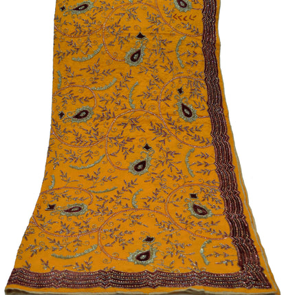 Indian Vintage Heavy Saffron Dupatta Pure silk Long Stole Hand Embroidered Hijab Scarves Veil Wrap Glass Beaded Velvet Patch