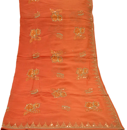 Indian Vintage Orange Dupatta Pure Georgette silk Long Stole Hand Embroidered Scarves Stole Veil Wrap Sequins