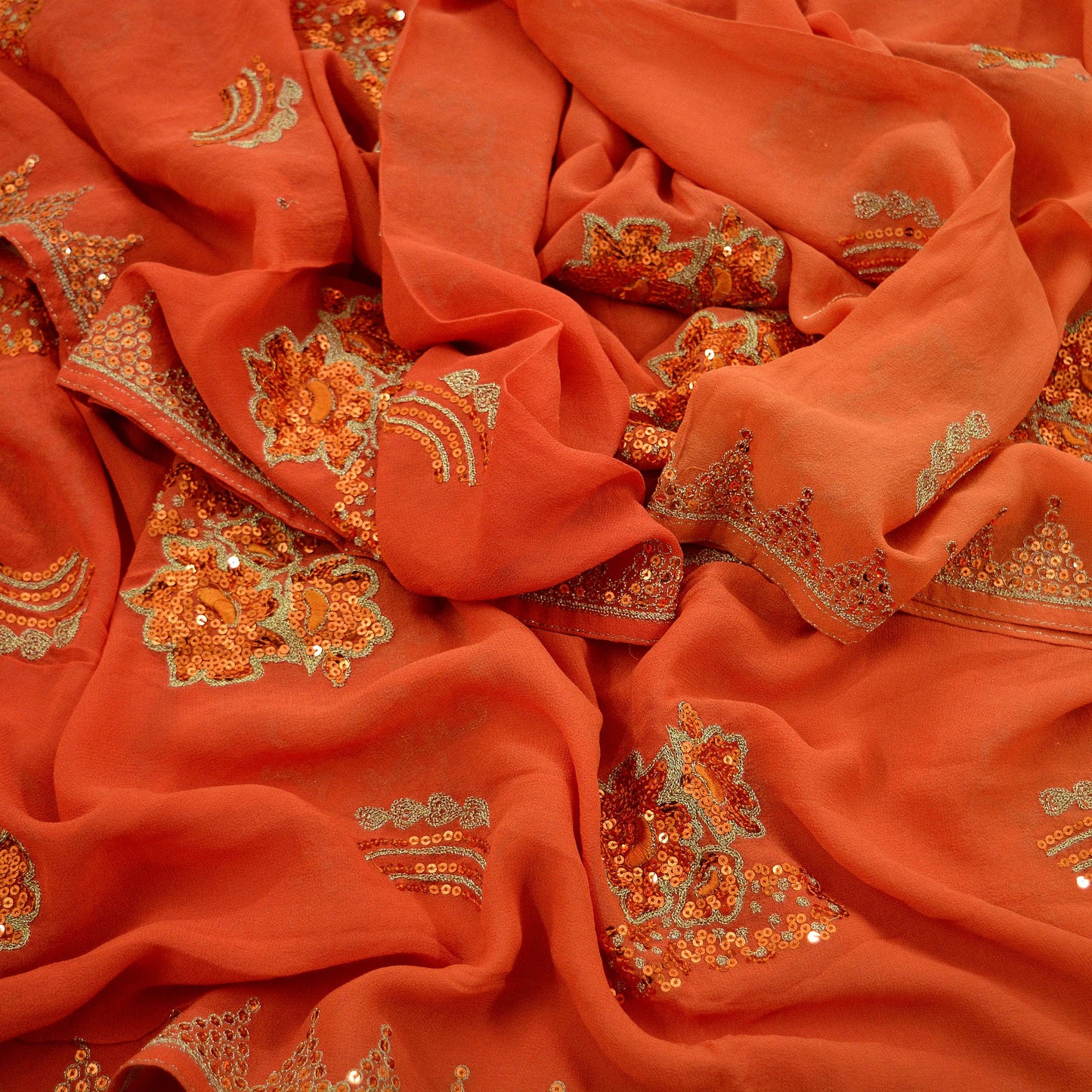 Indian Vintage Orange Dupatta Pure Georgette silk Long Stole Hand Embroidered Scarves Stole Veil Wrap Sequins