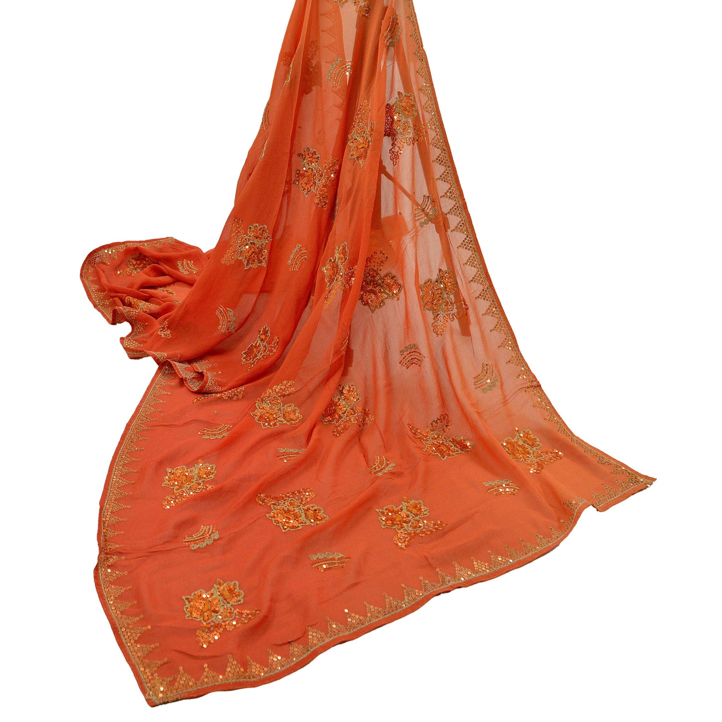 Indian Vintage Orange Dupatta Pure Georgette silk Long Stole Hand Embroidered Scarves Stole Veil Wrap Sequins