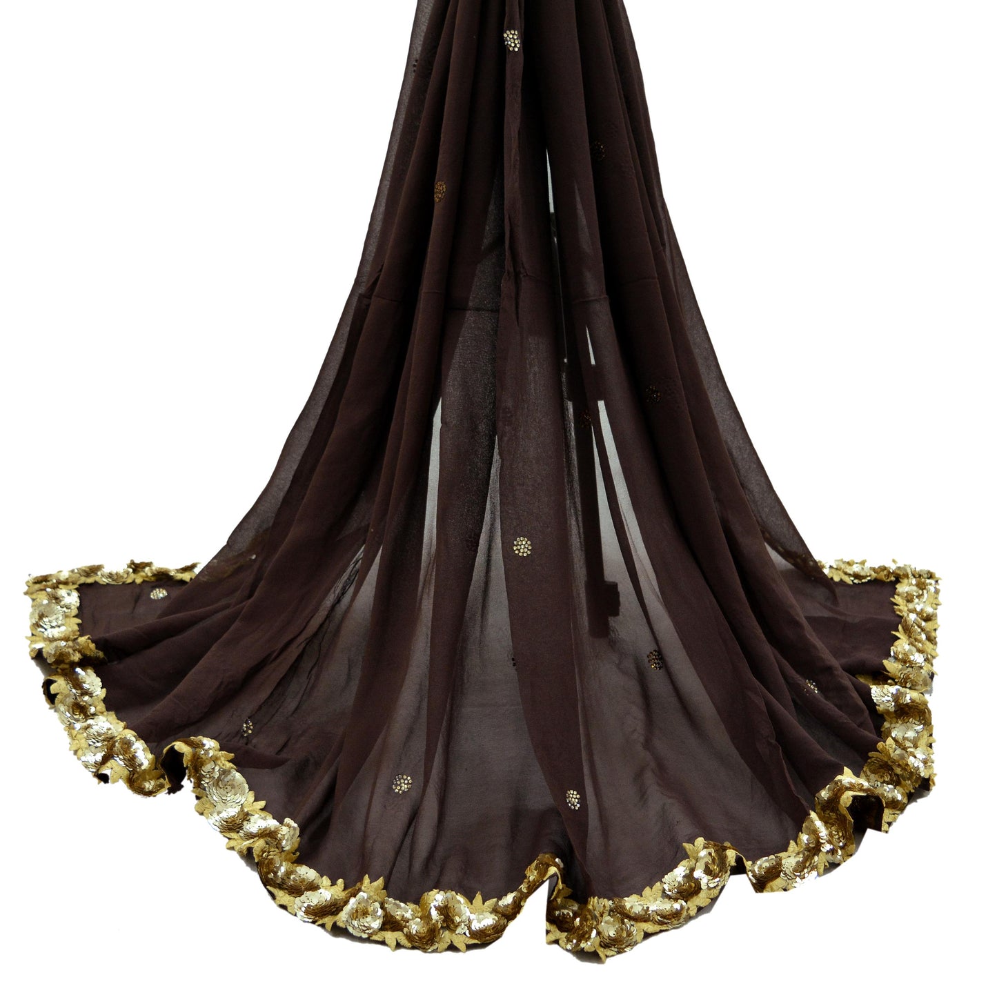 Indian Vintage Brown Dupatta Pure Georgette silk Long Stole Hand Embroidered Scarves Stole Veil Wrap Sequins