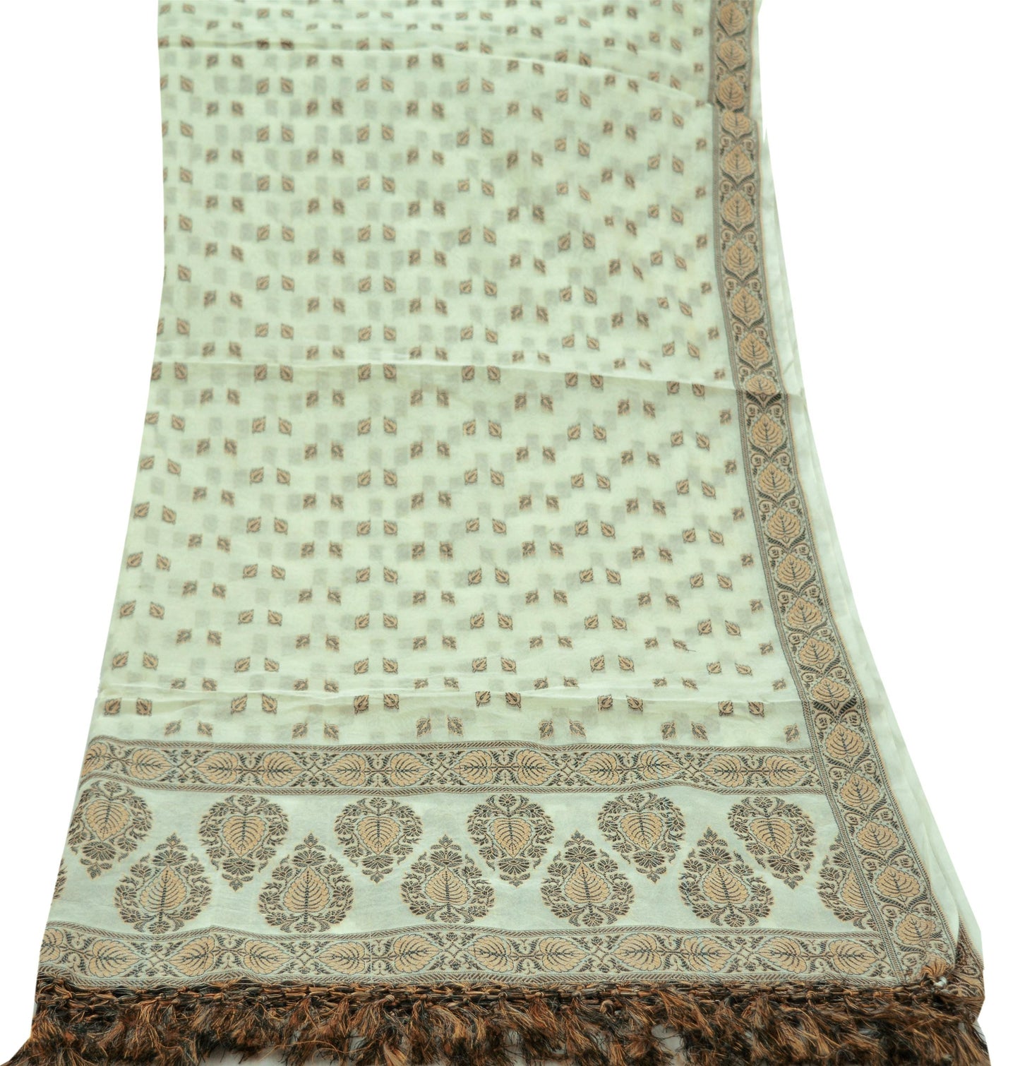 Indian Vintage White Dupatta Long Stole Woven Cotton Scarves Indian Veil Soft Floral Design Fringes