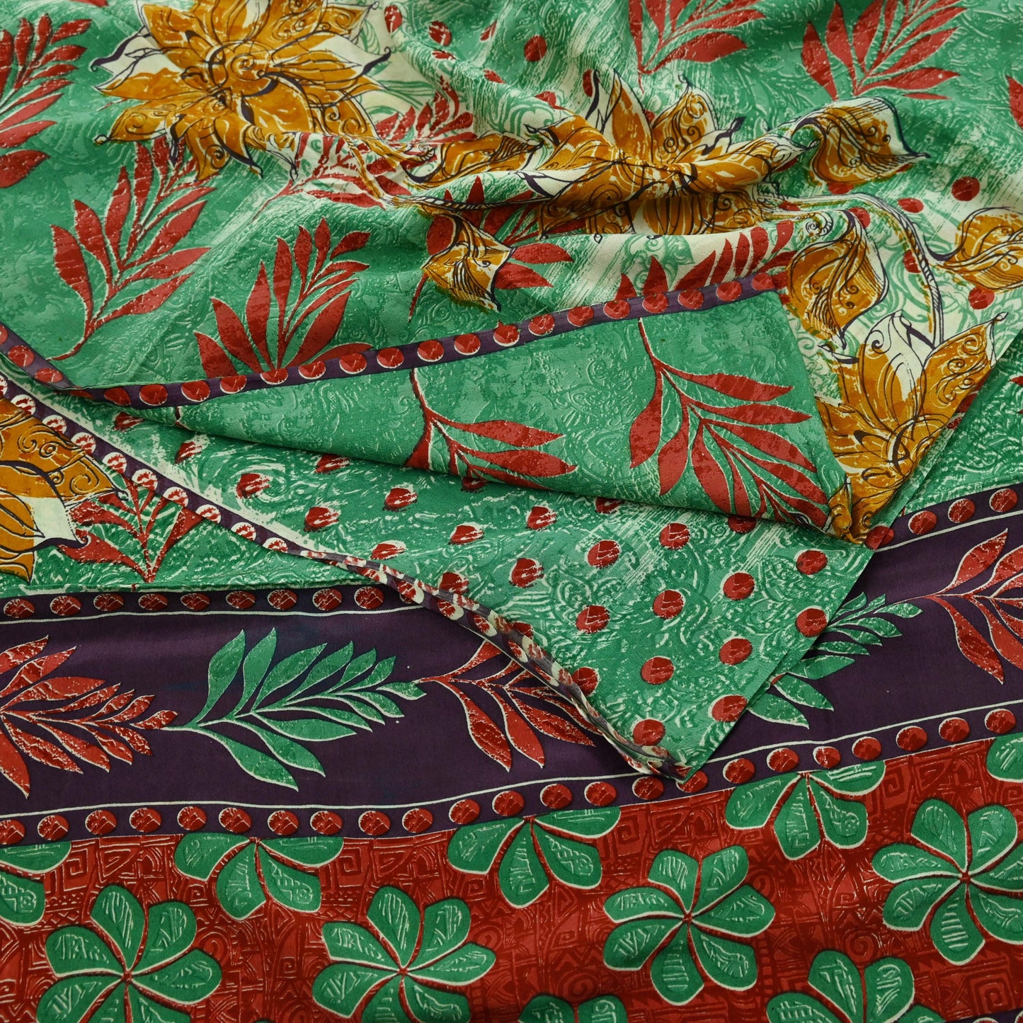 Indian Vintage Sari Green Pure Crepe Silk Printed Saree  5yard Sewing Floral Soft Craft Fabric Ethnic Wrap Dress Making Crafting Quilting