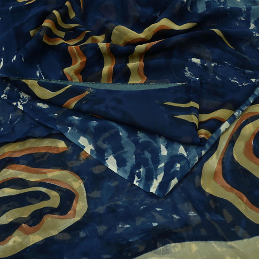 Indian Vintage Black & Blue Saree 100% Pure Georgette Silk Printed Sari Sewing 6yd Craft Fabric Soft Dress Designing for Crafting Zigzag