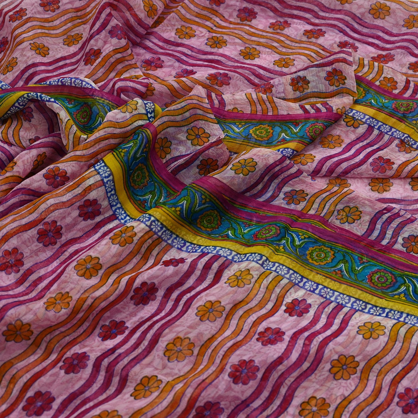 Indian Vintage Sari Pink Pure Georgette Silk Printed Saree Craft Fabric Sewing 6Yd Soft Light Dress Making Crafting Quilting Upcycle